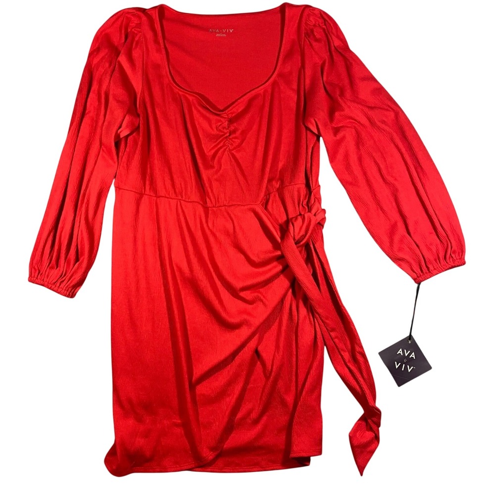 Ava‎ & Viv Faux Wrap Dress Womens 1X Red Balloon Sleeve Sweetheart Neckline NWT